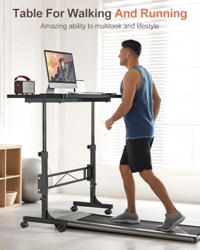 Small Standing Desk Adjustable Height, Mobile Stand Up Desk with Wheels, 32 Inch Portable Rolling Desk Small Computer Desk, Portable Laptop Desk Standing Table Black thumbnail-6