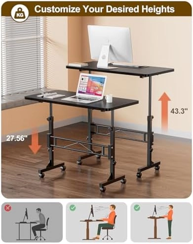 Small Standing Desk Adjustable Height, Mobile Stand Up Desk with Wheels, 32 Inch Portable Rolling Desk Small Computer Desk, Portable Laptop Desk Standing Table Black thumbnail-2