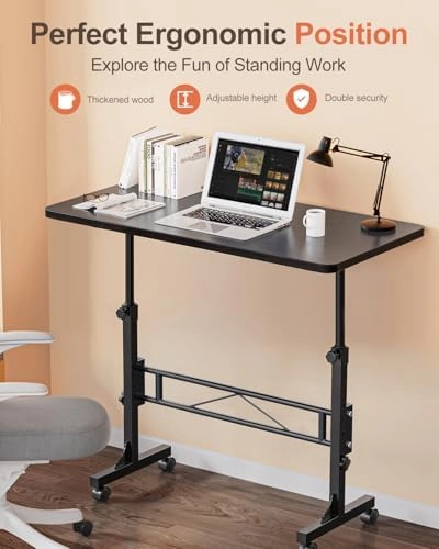 Small Standing Desk Adjustable Height, Mobile Stand Up Desk with Wheels, 32 Inch Portable Rolling Desk Small Computer Desk, Portable Laptop Desk Standing Table Black thumbnail-1