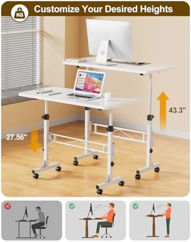 Small Standing Desk Adjustable Height, Mobile Stand Up Desk with Wheels, 32 Inch Portable Rolling Desk Small Computer Desk, Portable Laptop Desk Standing Table Sit Stand White thumbnail-2