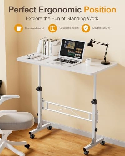 Small Standing Desk Adjustable Height, Mobile Stand Up Desk with Wheels, 32 Inch Portable Rolling Desk Small Computer Desk, Portable Laptop Desk Standing Table Sit Stand White thumbnail-1