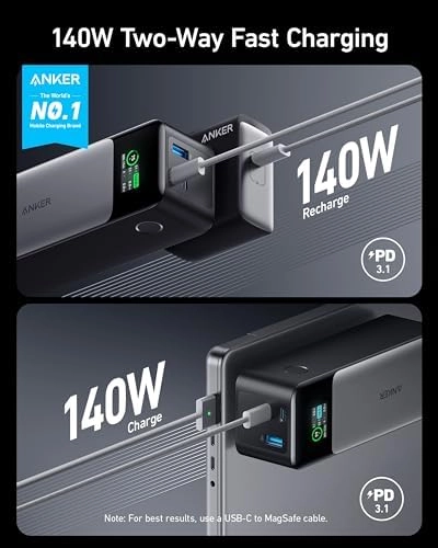 Anker Power Bank, 24,000mAh 3-Port Portable Charger with 140W Output, Smart Digital Display, Compatible with iPhone 15/15 Plus/15 Pro/15 Pro Max, iPhone 14/13 Series, Samsung, MacBook, Dell, AirPods thumbnail-1